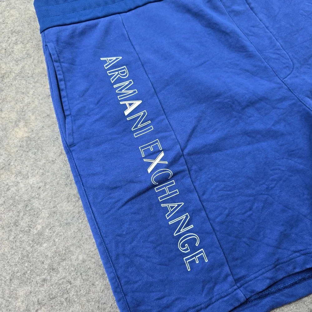 Armani Exchange Mens L Logo Sweat Shorts Blue Cotton Drawstring Pockets 6